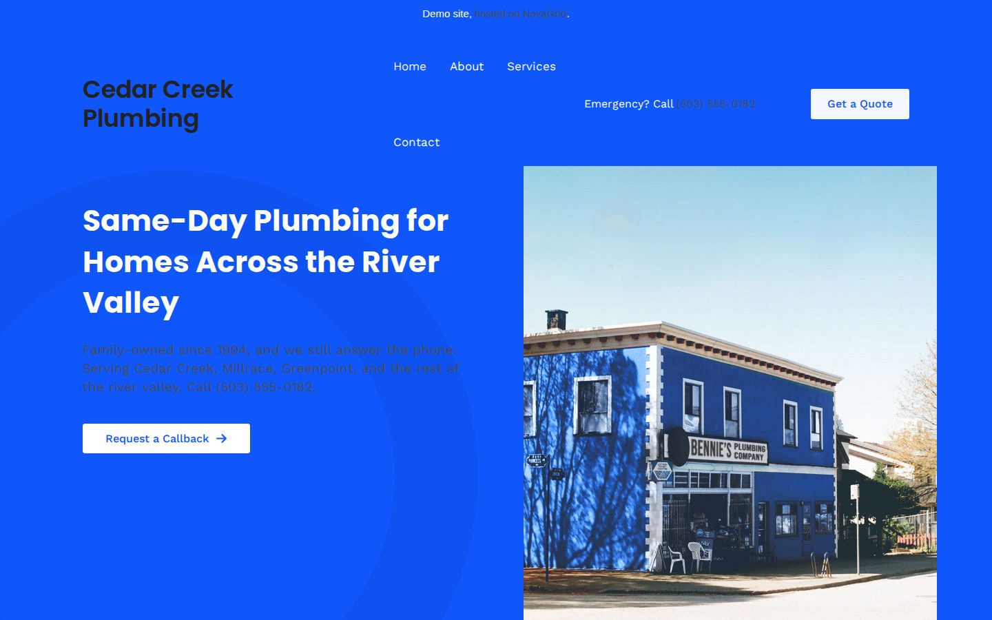 Cedar Creek Plumbing local services demo homepage